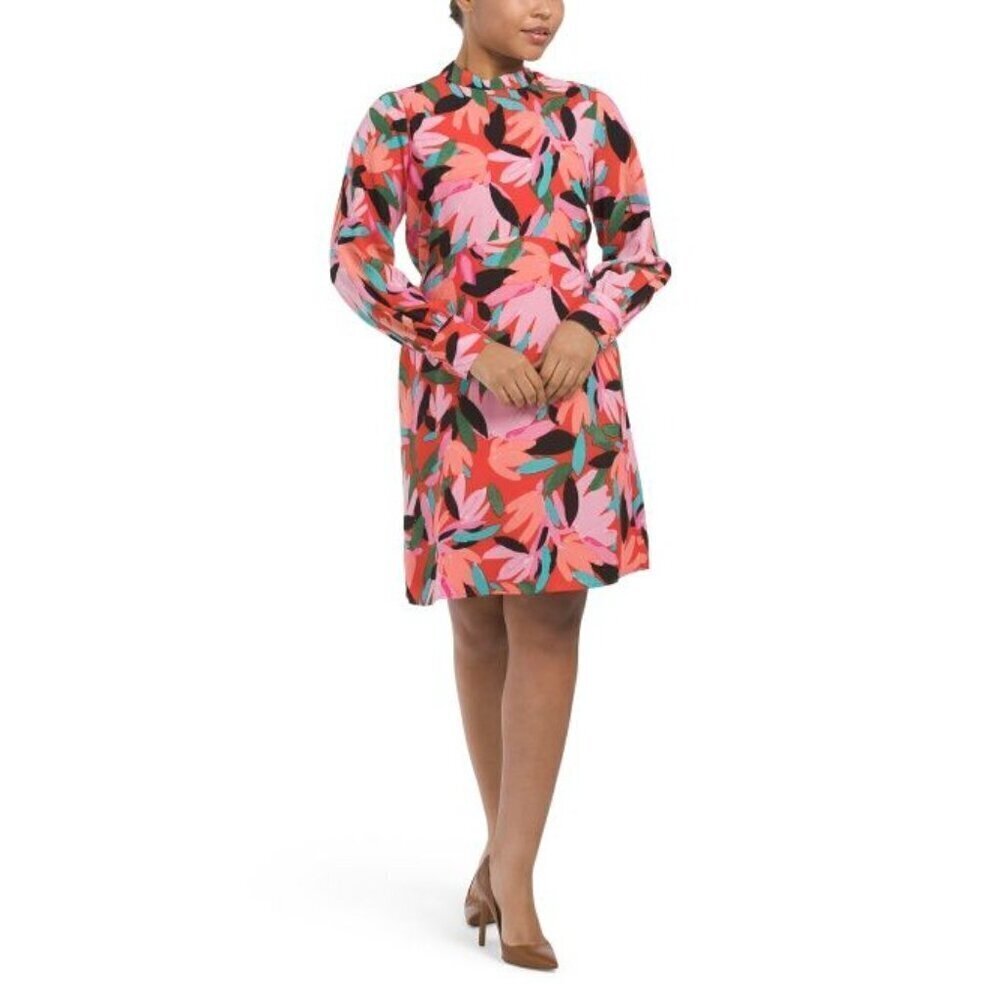 Donna Morgan Pink Floral Mock Neck Long Sleeves Crepe Shift Dress Sz 16 New
